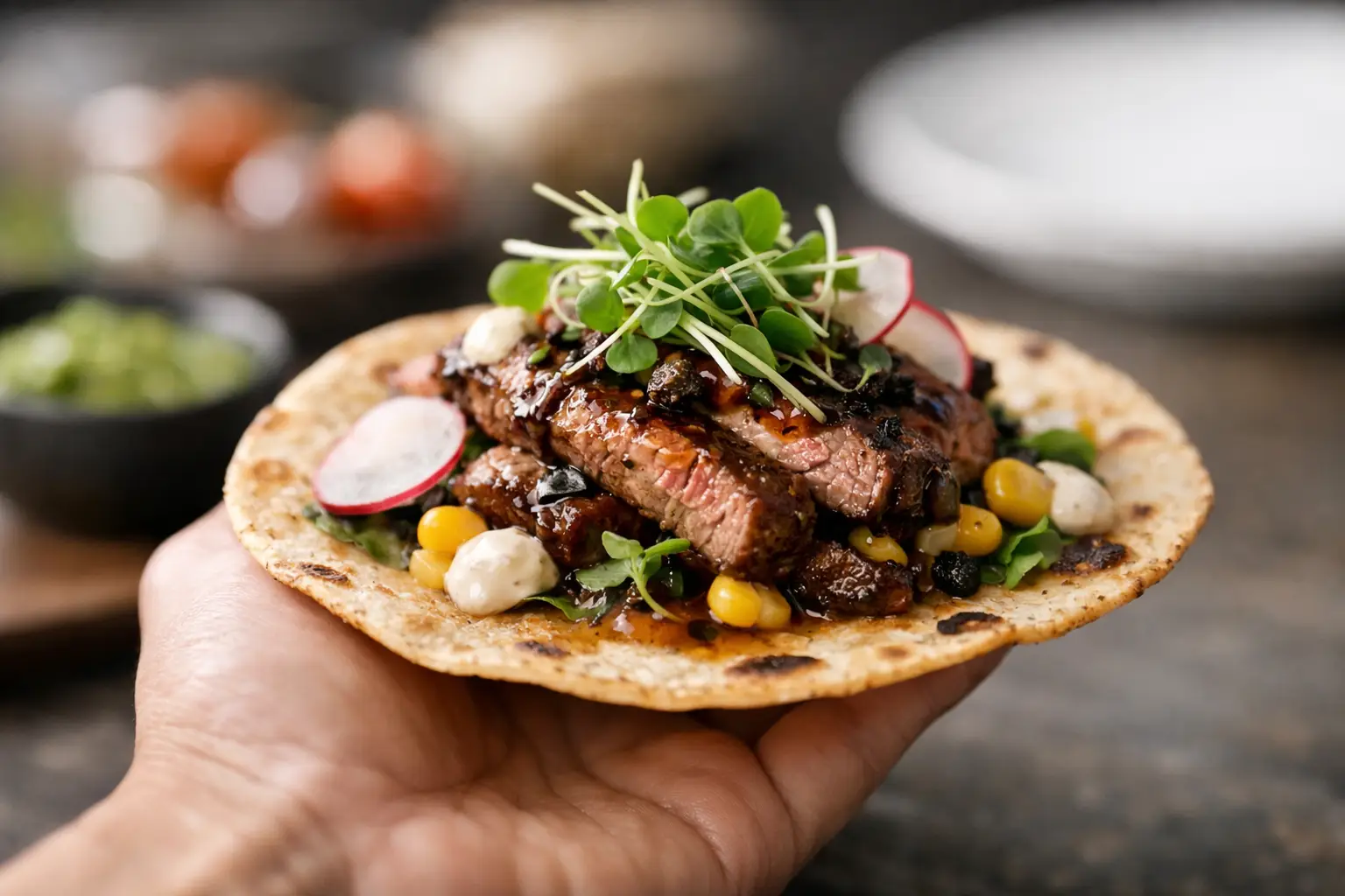 Tortillas para alta cocina que sostienen un plato